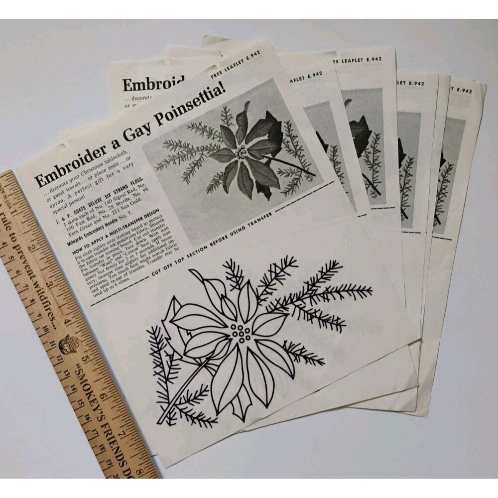 Vtg 1950s Embroider a Gay Poinsettia Iron On Transfer Pattern Sheet Lot Of 6